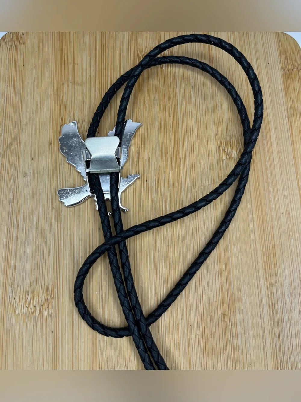 Vintage Southwestern Turquoise Coral Chip Inlay Eagle Bolo Tie Leather Cord.